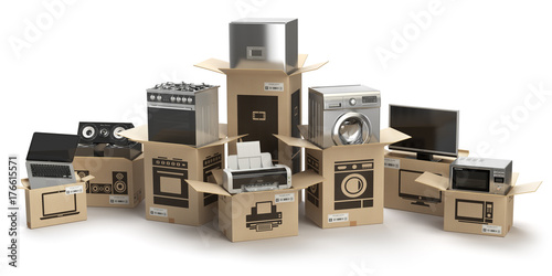 Household kitchen appliances and home electronics in boxes isolated on white. E-commerce, internet online shopping and delivery concept. photo