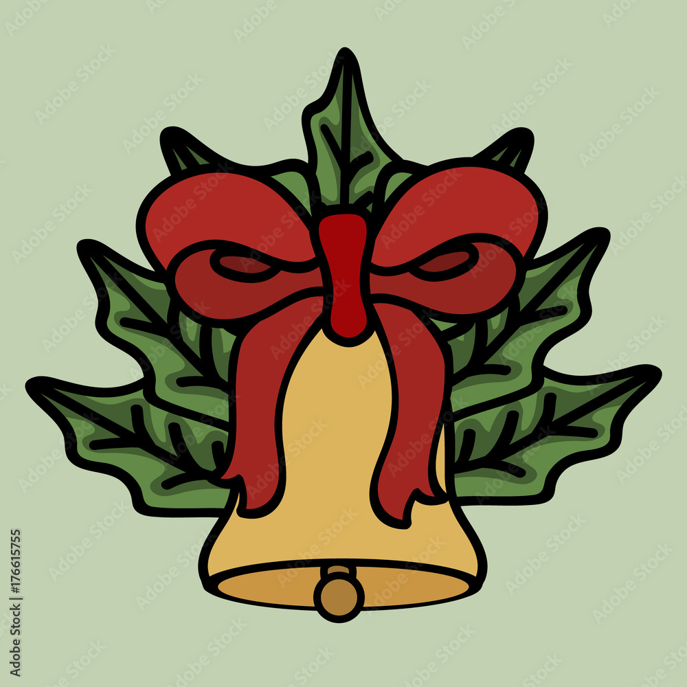 Merry christmas and happy new year greeting card in traditional style. Christmas decoration element template. Jingle bell with bow on green background. Golden Christmas bell with red ribbon and Holly Merry christmas and happy new year greeting card in traditional style. Christmas decoration element template. Jingle bell with bow on green background. Golden Christmas bell with red ribbon and Holly