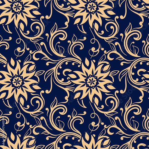 Floral ornaments. Golden blue seamless pattern