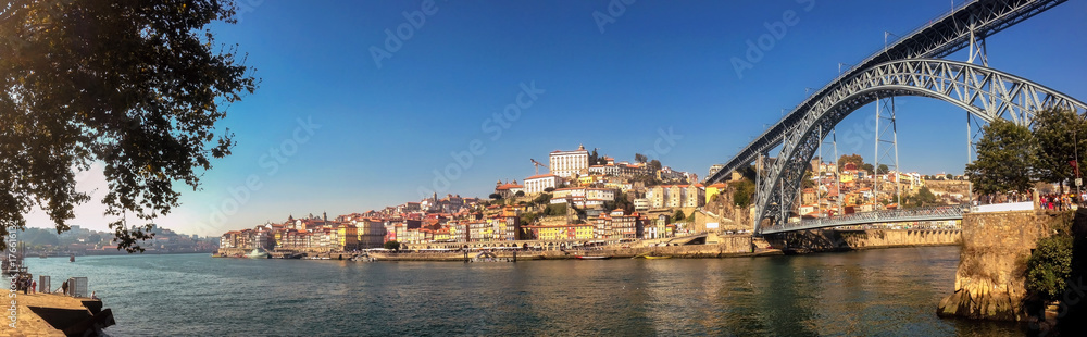 Panoramic view of Ribeira in Porto, Portugal, and Luis I bridge over Duero river