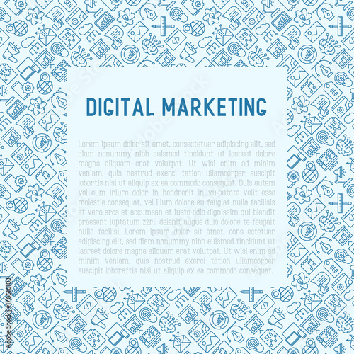 Digital marketing concept with thin line icons: searching idea, development, optimization, management, communication. Vector illustration for banner, web page, print media.