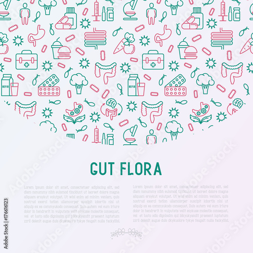 Gut flora concept with thin line icons: gut, bacteria, obesity, stomach, infection, depression, medicine. Vector illustration for medical survey or report.