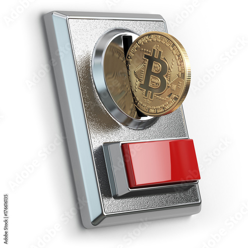 Pay by bitcoin concept. BItcoin coin and coin acceptor isolated on white.
