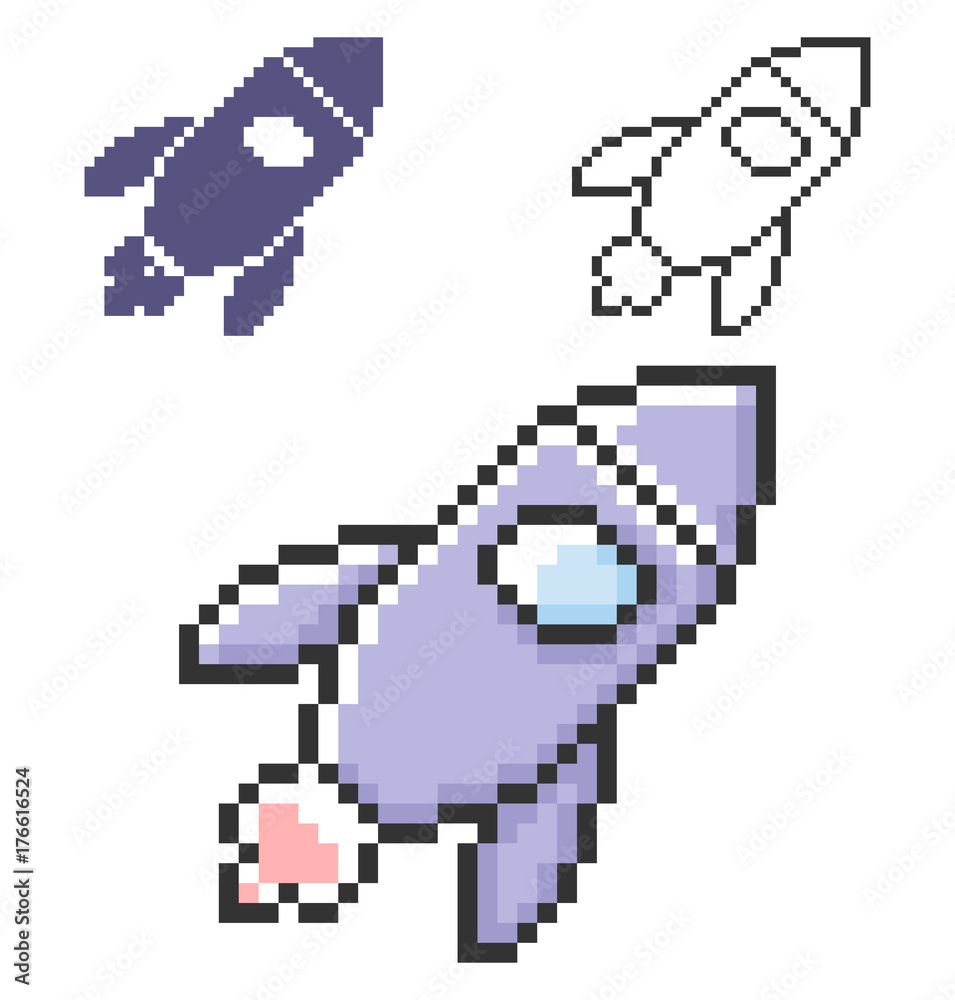 Fototapeta premium Pixel icon of space rocket in three variants. Fully editable