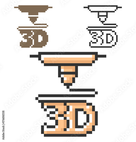 Pixel icon of 3D printer in three variants. Fully editable