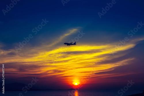 sunset at the beach with airplane at Koh Samui,Thailand