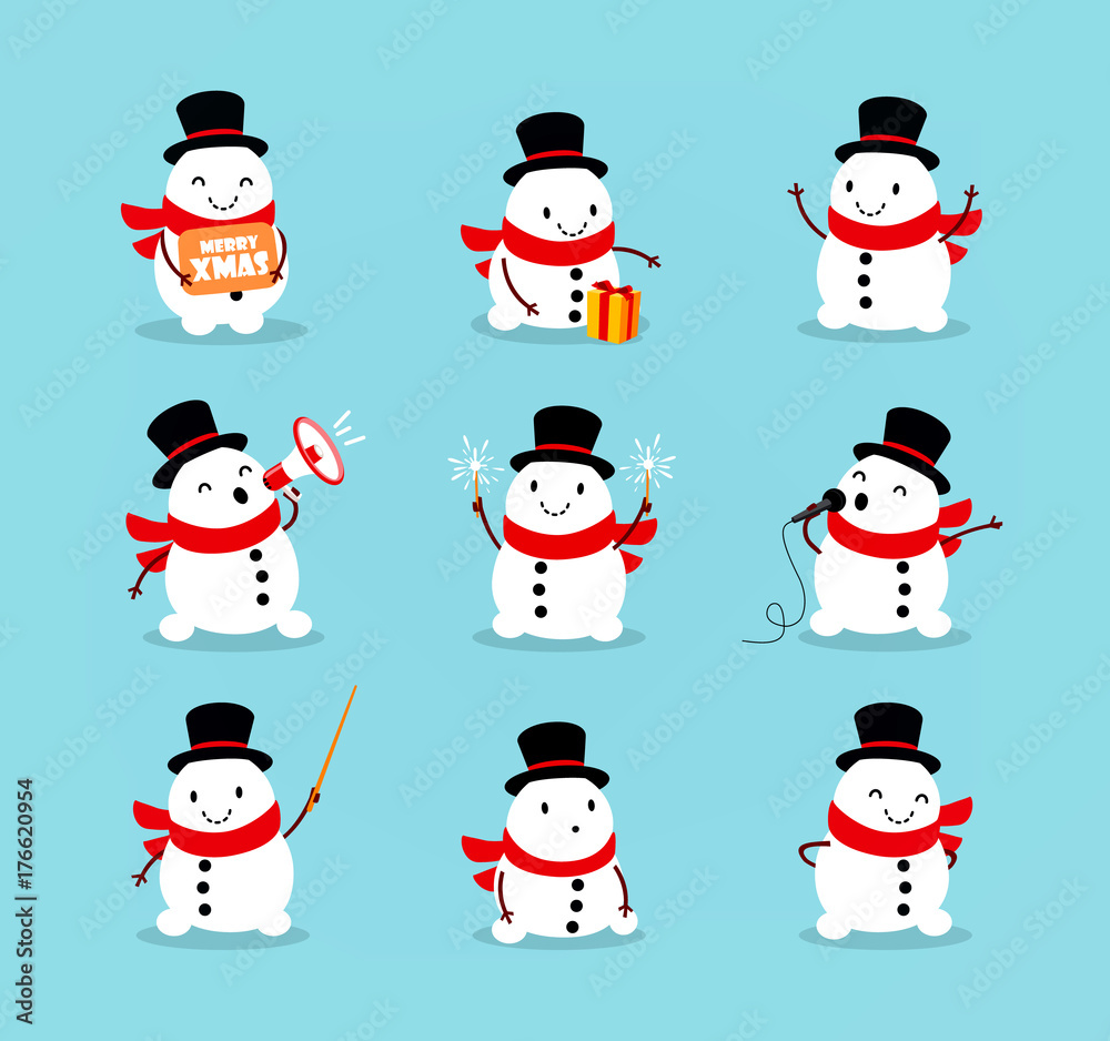 Set of cute playful snowmen. Elements from the Christmas collection of characters. Happy New Year, Merry Xmas design element. Vector illustration