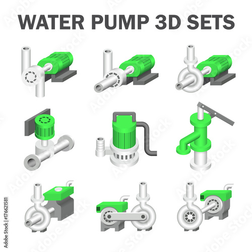 Vector icon of electric water pump and agriculture equipment for water distribution isolated on white background.