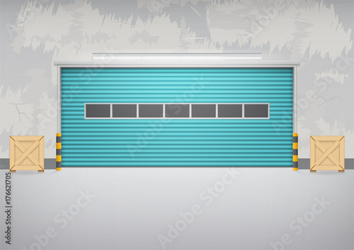 Roller door or roller shutter. Also called security door or security shutter. For protect residential, commercial and industrial building i.e. house, factory, warehouse, hangar. Vector illustration.