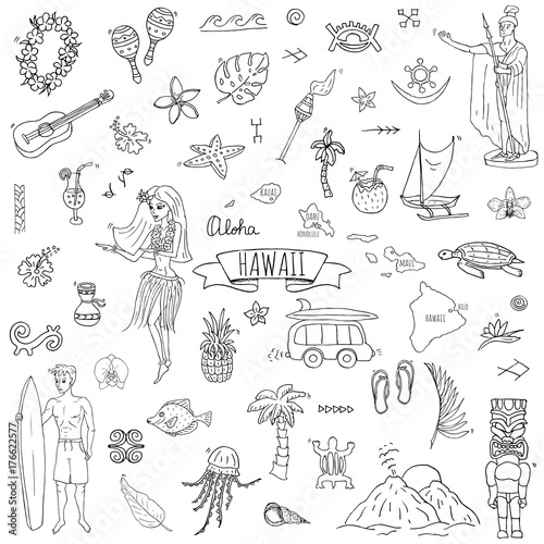 Hand drawn doodle Hawaii icons set Vector illustration isolated symbols collection of hawaiian symbols Cartoon elements: USA state map Honolulu State Hula girl Surfing guy Volcano Guitar Paradise Art