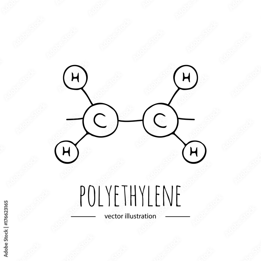 Hand drawn doodle Polyethylene chemical formula icon. Vector illustration. Cartoon molecule element. Sketch polymer molecular structure Plastic scientific formula isolated on white background Bag Film Hand drawn doodle Polyethylene chemical formula icon. Vector illustration. Cartoon molecule element. Sketch polymer molecular structure Plastic scientific formula isolated on white background Bag Film