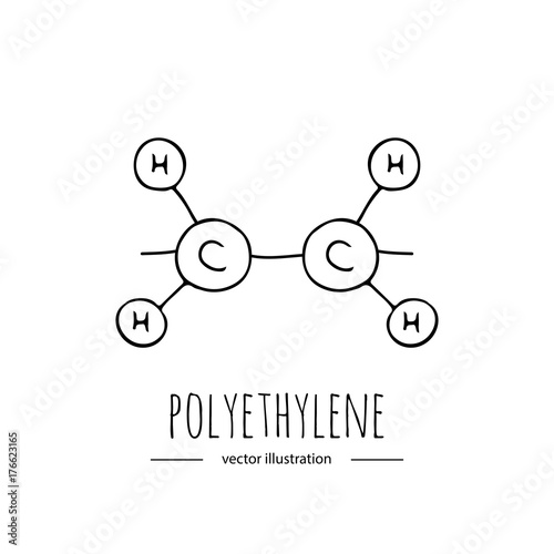 Hand drawn doodle Polyethylene chemical formula icon. Vector illustration. Cartoon molecule element. Sketch polymer molecular structure Plastic scientific formula isolated on white background Bag Film