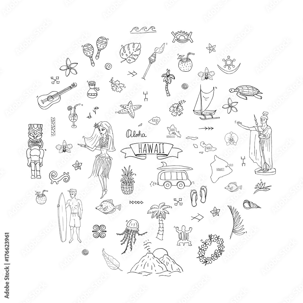 Obraz premium Hand drawn doodle Hawaii icons set Vector illustration isolated symbols collection of hawaiian symbols Cartoon elements: USA state map Honolulu State Hula girl Surfing guy Volcano Guitar Paradise Art