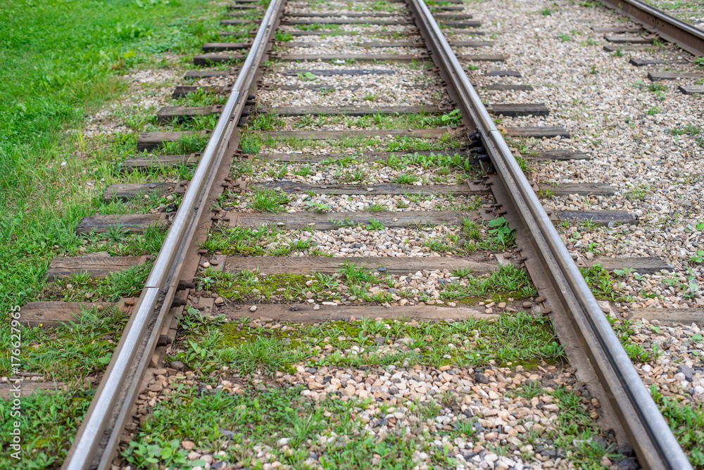 Old tram rails, close-up, summer autumn, between sleepers grass, gravel and stones in city.
