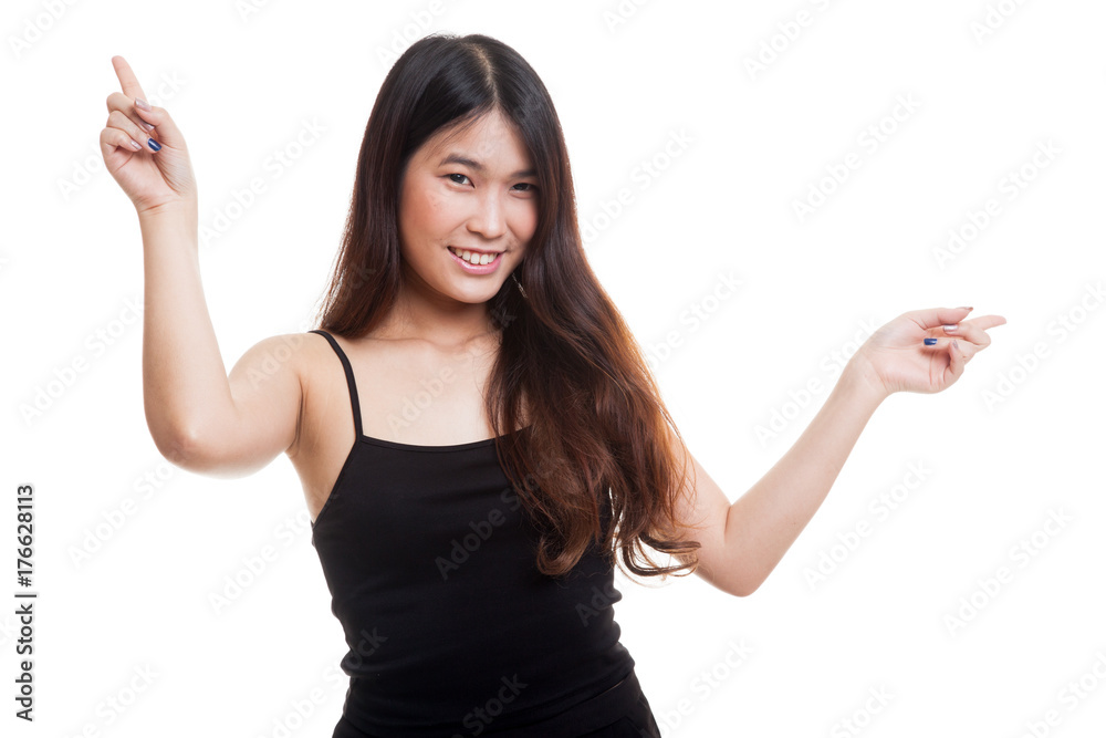 Young Asian woman point with two hands.