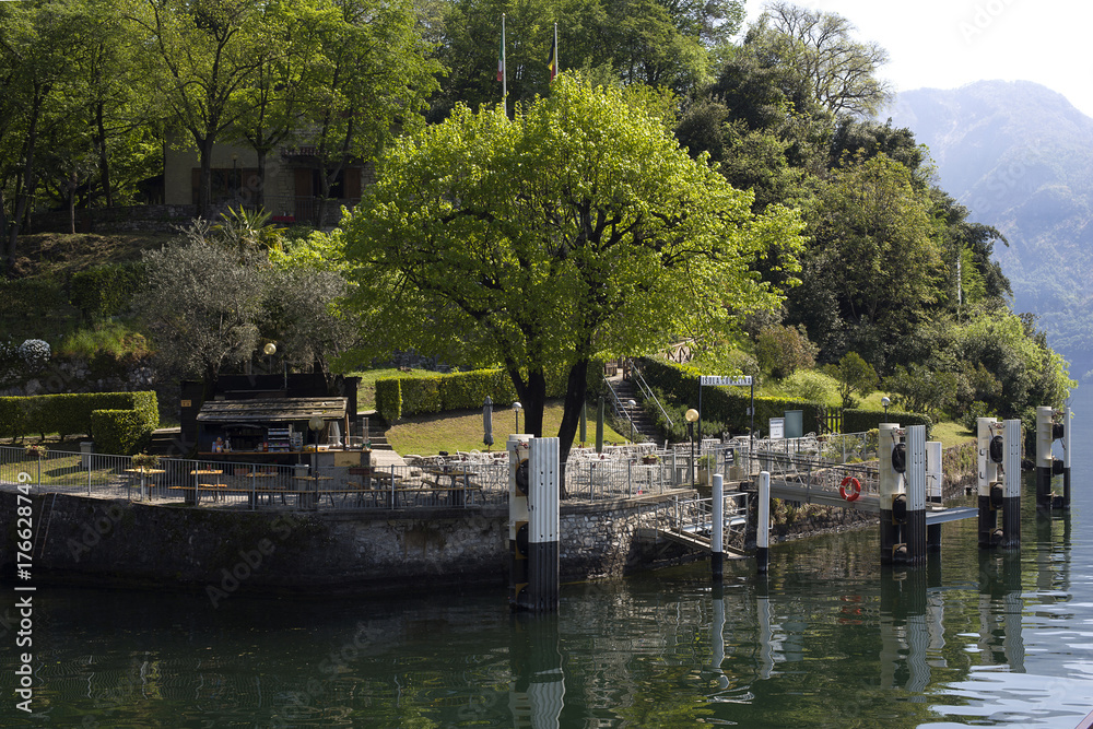 .Lombardy; Lake Como, Isola Comacina, the pier. .Lombardy; Lake Como, Isola Comacina, the pier.