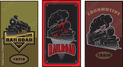 Set of colorful retro posters with a vintage locomotive. Vector illustration