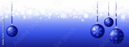 Christmas Winter Holiday Banner with elegant Baubles ornaments and falling Snowflakes: Lots of copy space