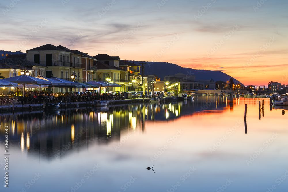 Coffee shops and restaurants in the harbour of Lefkada town, Greece.
