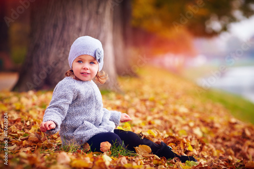 adorable happy baby girl catching the fallen leaves  playing in the autumn park