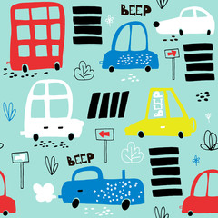Acrylglasbilder Automuster Cartoon Autos mit Verkehrsschildern Kindermuster  © solodkayamari