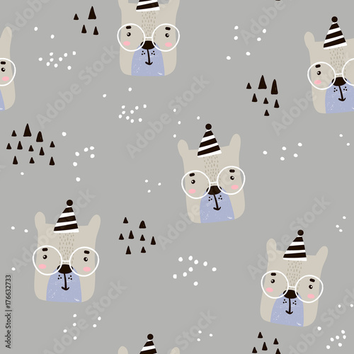 Seamless childish pattern with cute bear faces. Creative nursery background. Perfect for kids design, fabric, wrapping, wallpaper, textile, apparel
