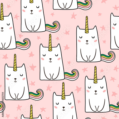 Seamless pattern with hand drawn cute cats unicorn. Cartoon cat vector illustration. Perfect for kids fabric,textile,nursery wallpaper