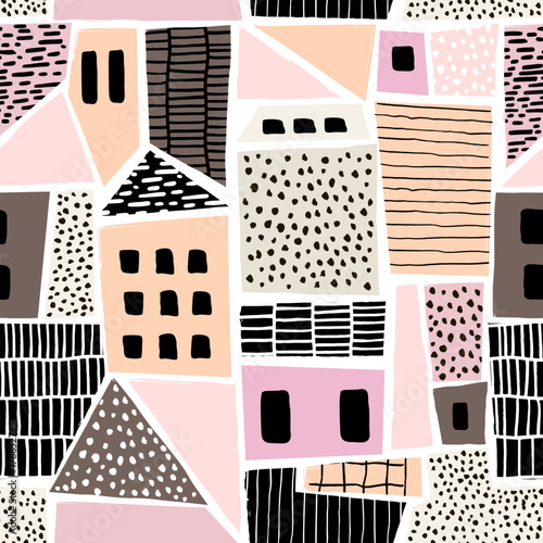 Abstract seamless pattern with houses with hand drawn textures and shapes. Perfect for fabric.textile,wallpaper. Vector Illustration