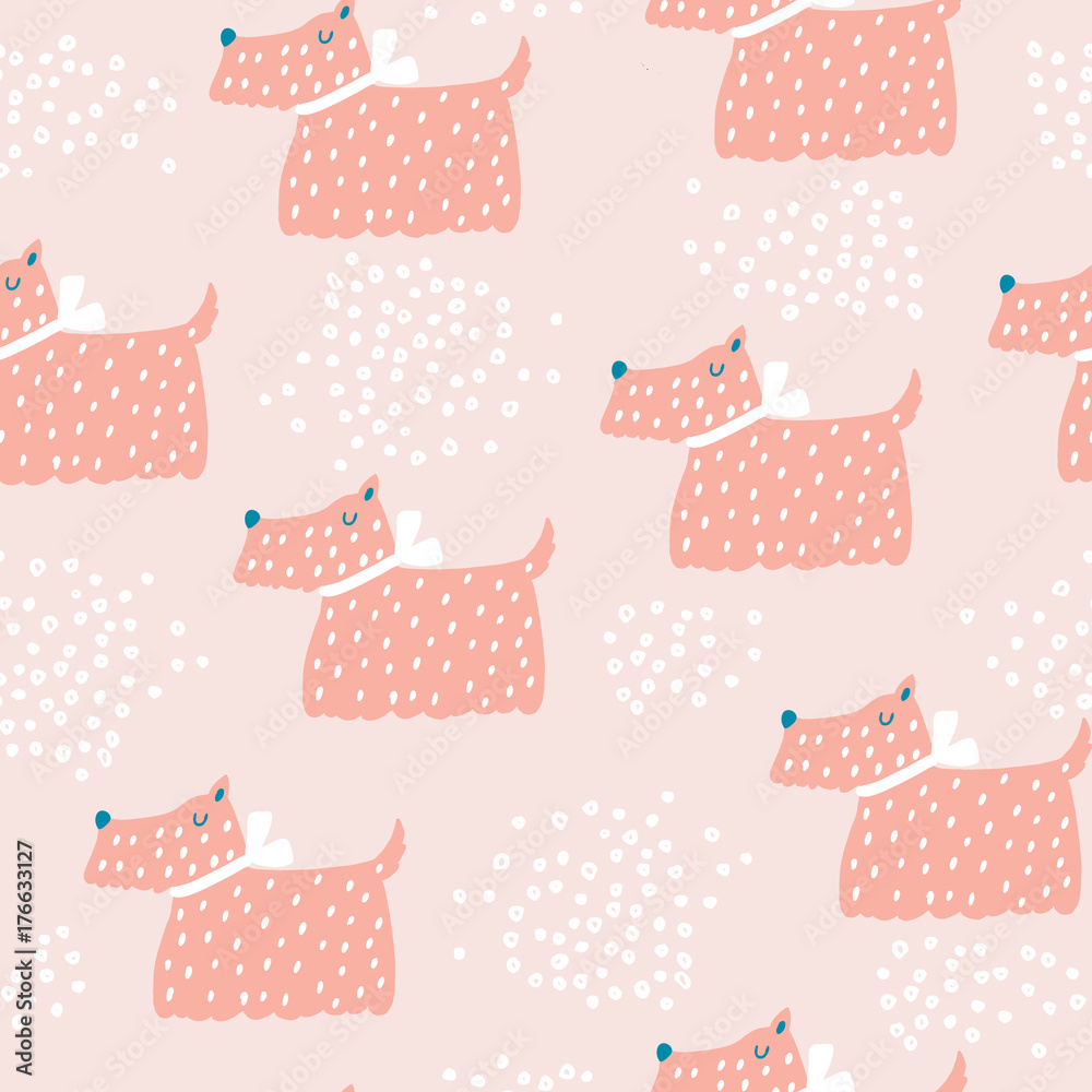 Seamless childish pattern with cute dog. Creative nursery background. Perfect for kids design, fabric, wrapping, wallpaper, textile, apparel