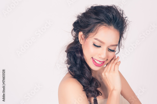 Beautiful smile woman with clean fresh skin for skincare or healthy and make up concept on white background with copy space for product and design or text