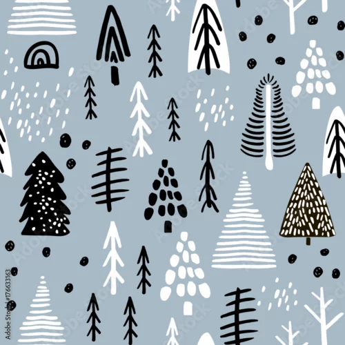 Tapety Wzór z drewna zimowego, drzewa i elementy narysowane tuszem. Kreatywne tło Boże Narodzenie. Ilustracja wektorowa