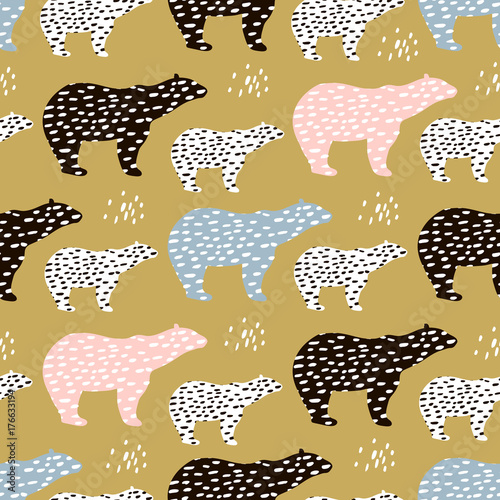 Holiday seamless pattern with hand drawn polar bears. Trendy scandinavian vector background. Perfect for wrapping paper, fabric, textile