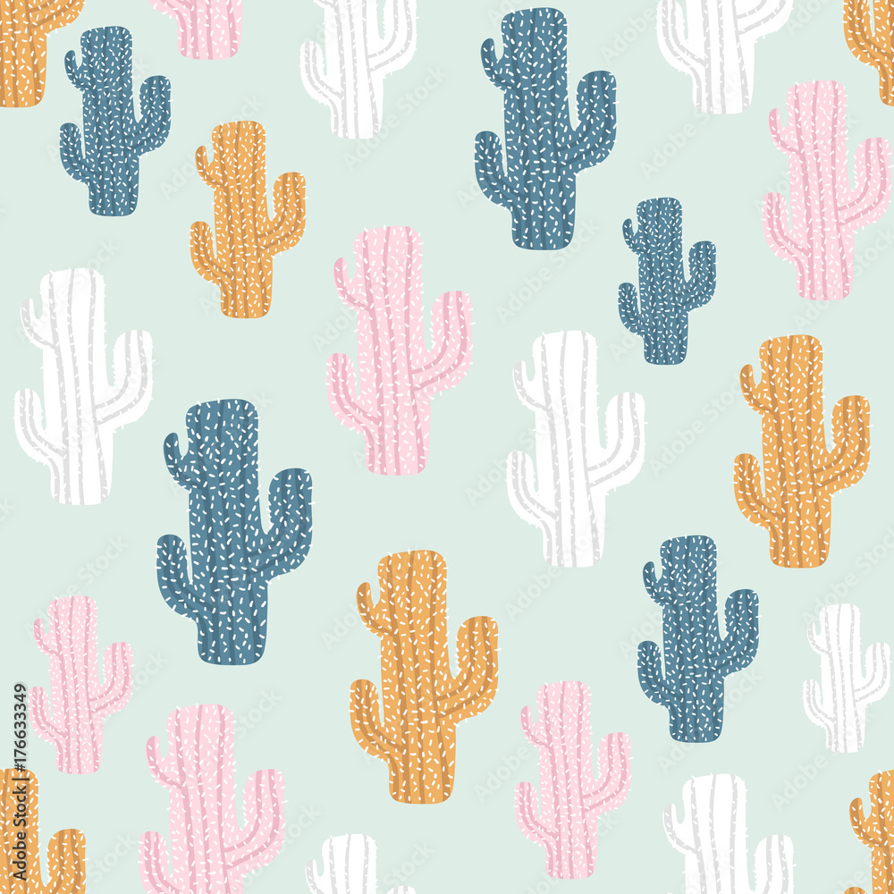 Seamless pattern with cactuses and hand drawn textures.Perfect for fabric,textile.Vector background