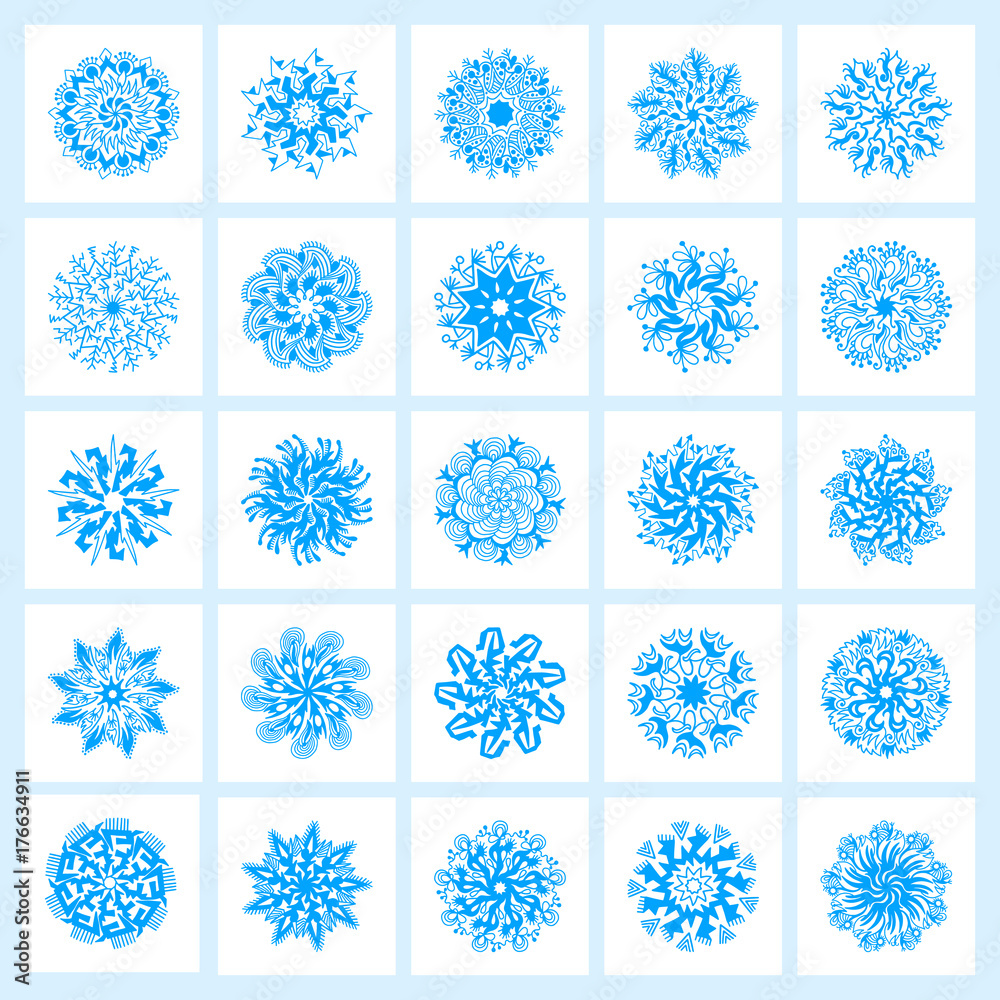 set of 25 hand drawing christmas snowflakes