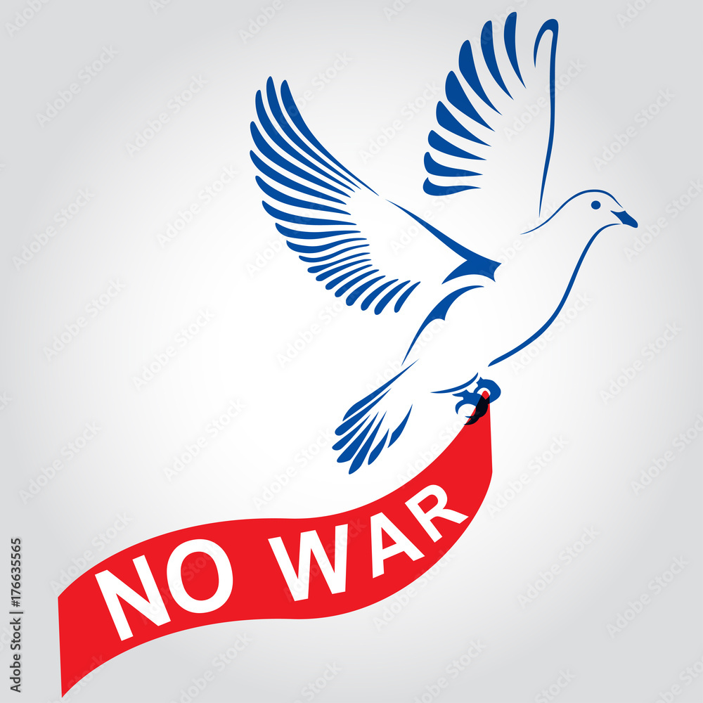 Dove flying with a red ribbon with the inscription no war. Dove Of