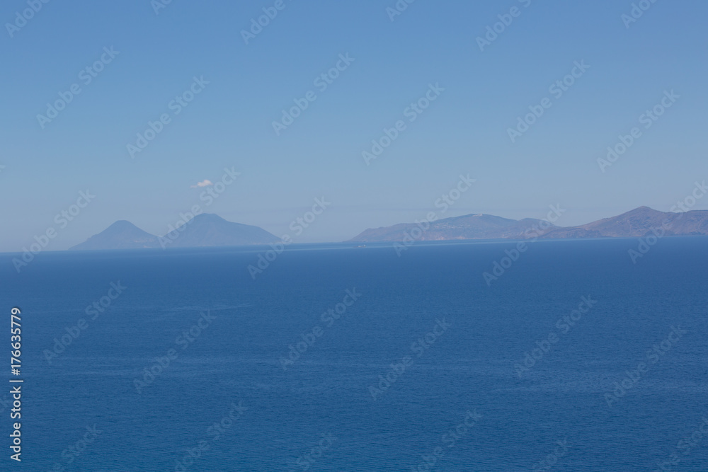 Aeolian islands, Lipari, Vulcano and Salina seen from the natural park Calavà 