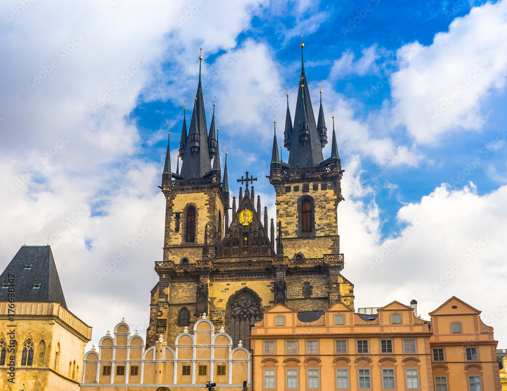 The Church of the Virgin Mary in front of Tyn in the center of Prague, in the Czech Republic. Medieval Gothic temple. It is located on the Old Town Square. Catholic cathedral.