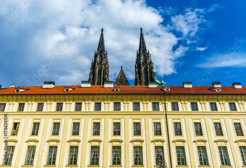Palace of the President of the Czech Republic in Prague Castle. Towers of St. Vitus Cathedral