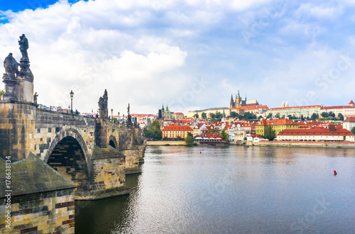 Prague Castle. The Charles Bridge. Medieval fortress. The Vltava River. Cathedral of St. Mikulas. Red tiled roofs