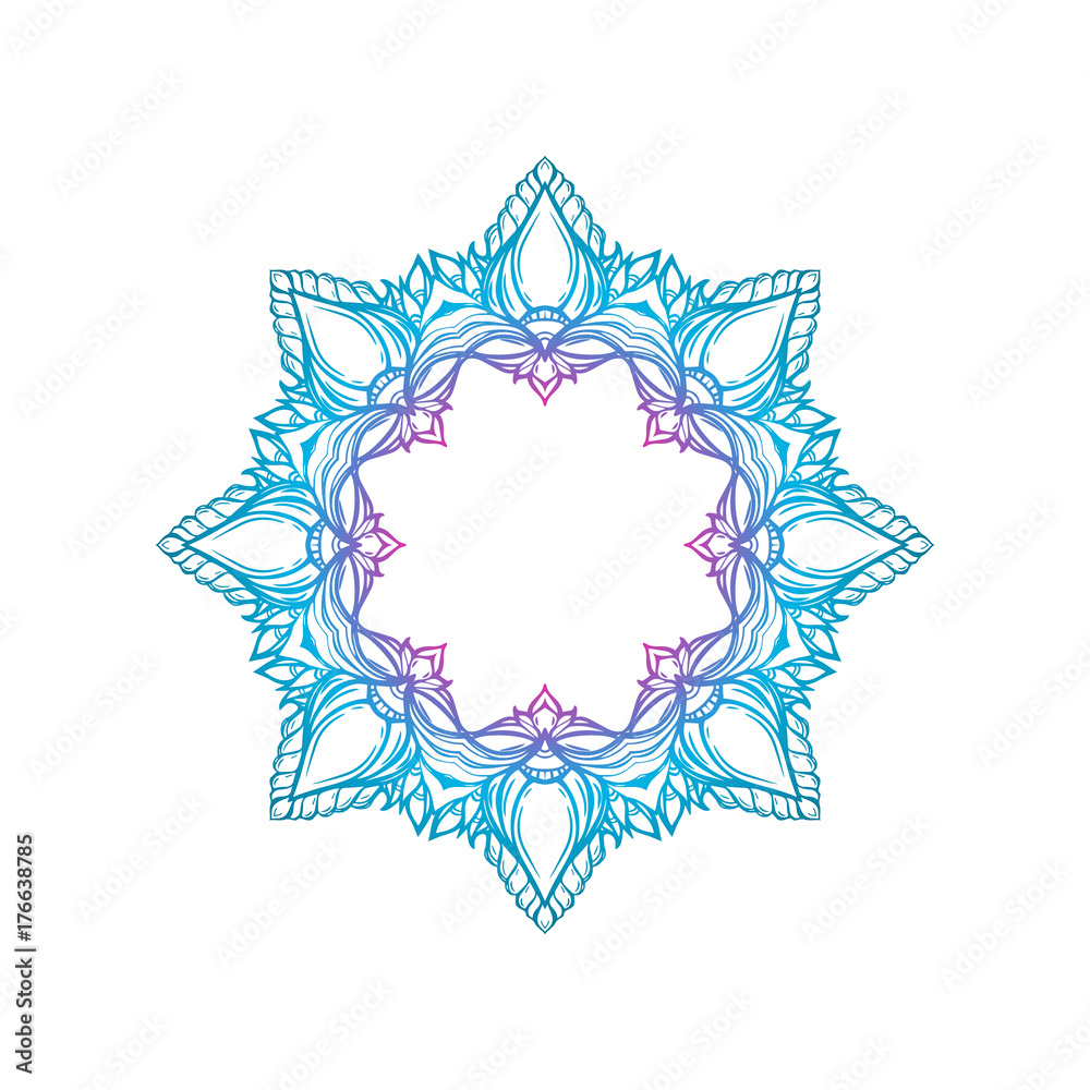 Round ornament frame, print of flowers, leaves and paisley ornament. Hand-drawn vector element in the style of a boho. Modern hipster fashion illustration in eastern Indian and southeast asia style.