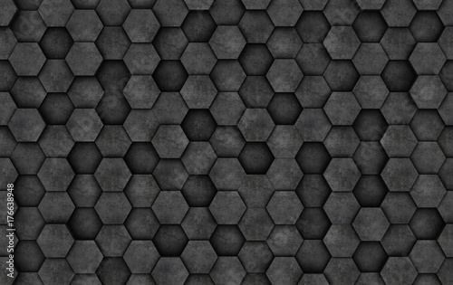 Dark concrete wall of hexagons. 3D rendering © belov1409