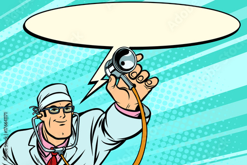 Doctor physician with stethoscope says comic cloud