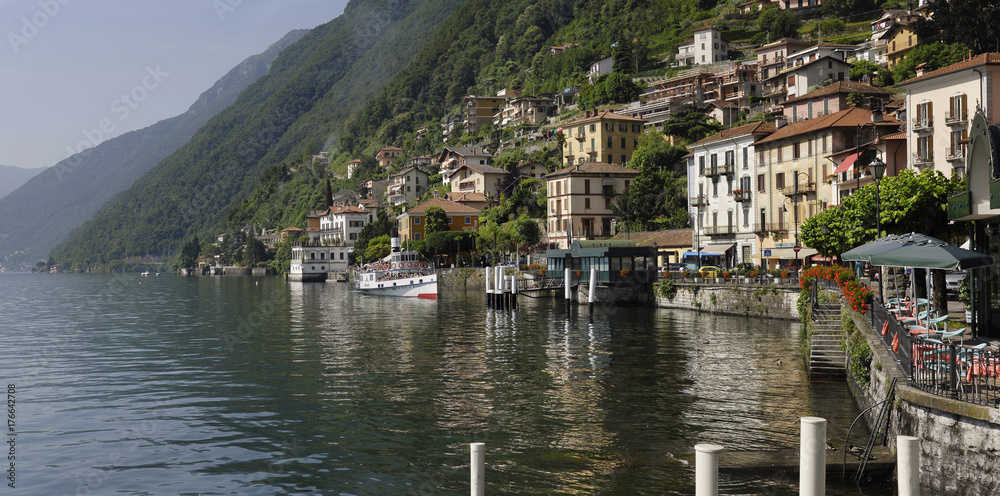Italy, Lake Como; Argegno, panning shot.