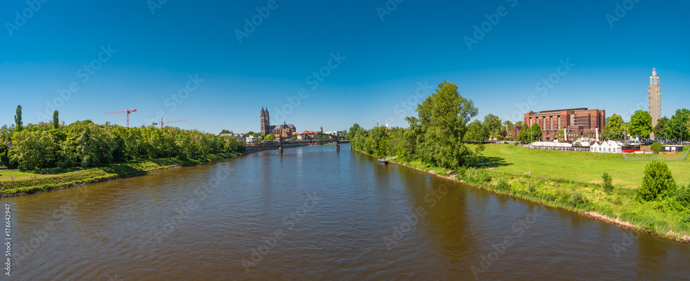 Panoramic view of Elbe, cathedral and old town in Magdeburg