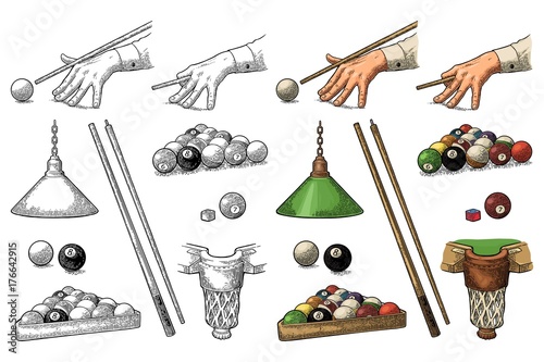 Set billiard. Stick, balls, chalk, pocket and lamp.Vintage black engraving