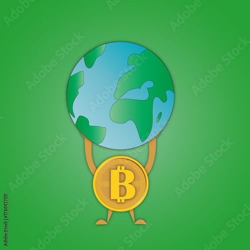 vector image coins bitcoin with a symbol in the middle that holds the planet Earth on hands symbolizing superiority over mankind on a green background