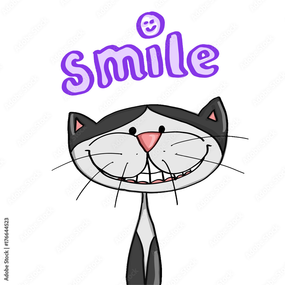 Obraz ładny kot uśmiechnięty i ilustracja kreskówka i uśmiech tekst