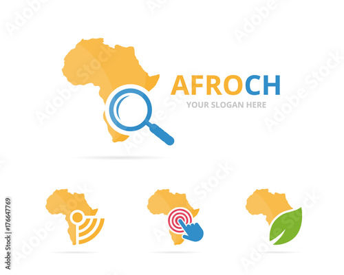 Set of africa logo combination. Safari and magnifying symbol or icon. Unique geography, continent and search logotype design template.