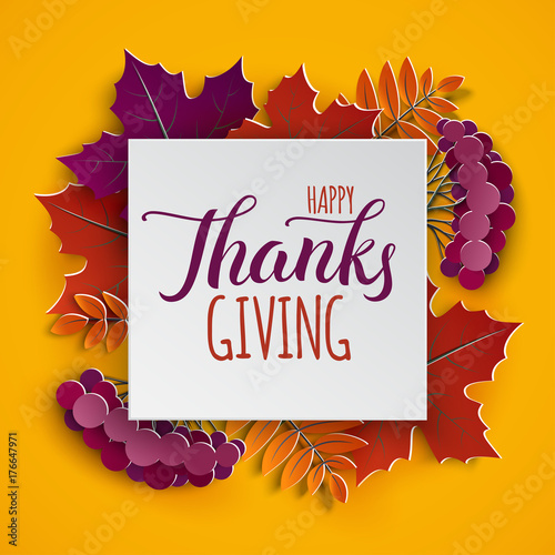 Autumn floral paper frame and paper colorful tree leaves on yellow background. Autumnal design for fall season poster, flyer, web site, thanksgiving greeting card, paper cut style, vector illustration