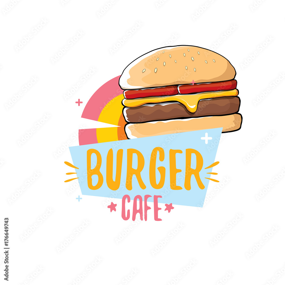 vector cartoon burger cafe logo design template with hamburger . label design element or burger house logo vector cartoon burger cafe logo design template with hamburger . label design element or burger house logo